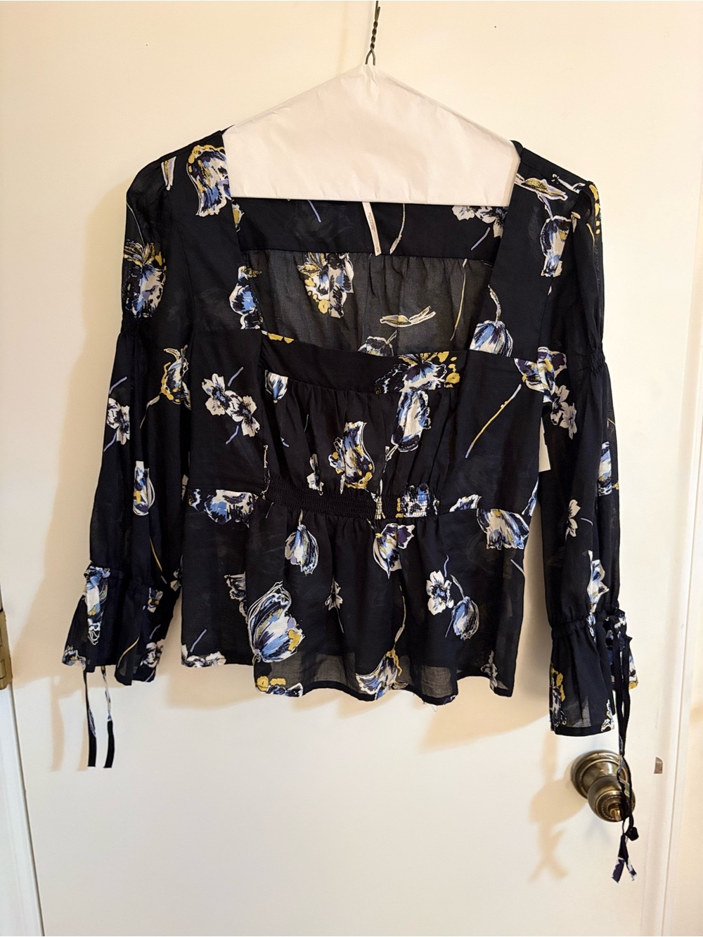 Free People Black Floral Smocked Peasant Top